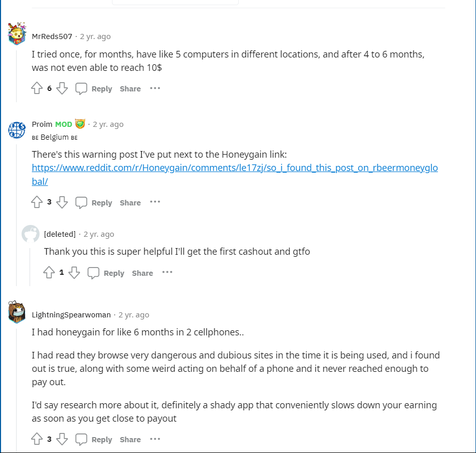 HoneyGain Reviews on Reddit